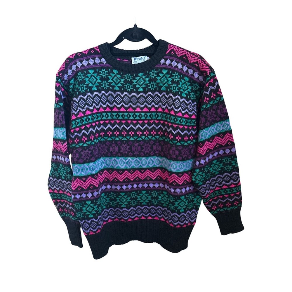 Vintage 80s Meister Wool Fair Isle Sweater Black Pink Vibrant Ski Men's Large HK